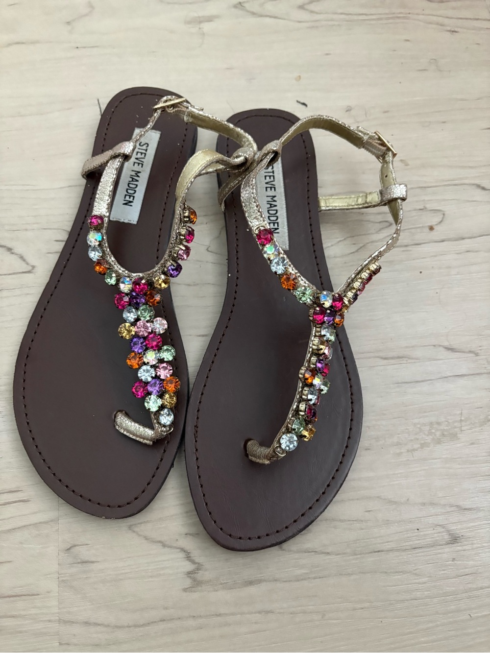 Steve Madden Gold Jeweled T-Strap Sandals with Multicolor Stones